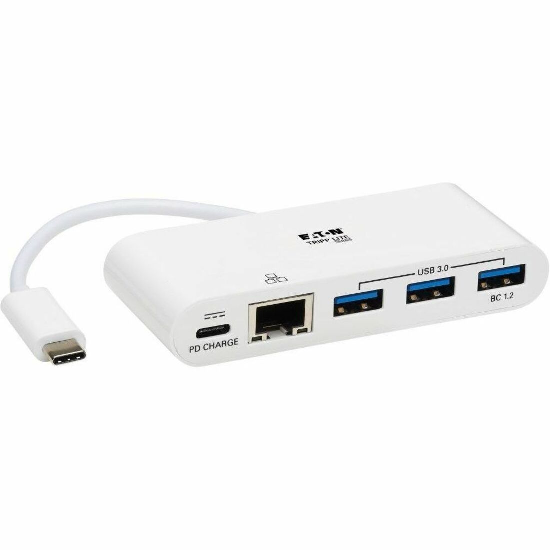 Tripp Lite by Eaton 3-Port USB 3.2 Gen 1 Hub with LAN Port and Power Delivery USB-C to 3x USB-A Ports and Gigabit Ethernet White - USB 3.1 Type C - External - 4 USB Port(s) - 1 Network (RJ-45) Port(s) - 3 USB 3.0 Port(s) - PC, Chrome OS, Mac