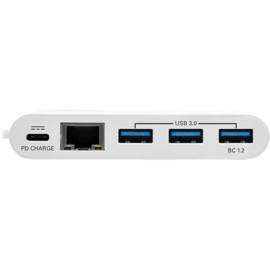 Tripp Lite by Eaton 3-Port USB 3.2 Gen 1 Hub with LAN Port and Power Delivery USB-C to 3x USB-A Ports and Gigabit Ethernet White - USB 3.1 Type C - External - 4 USB Port(s) - 1 Network (RJ-45) Port(s) - 3 USB 3.0 Port(s) - PC, Chrome OS, Mac - 4