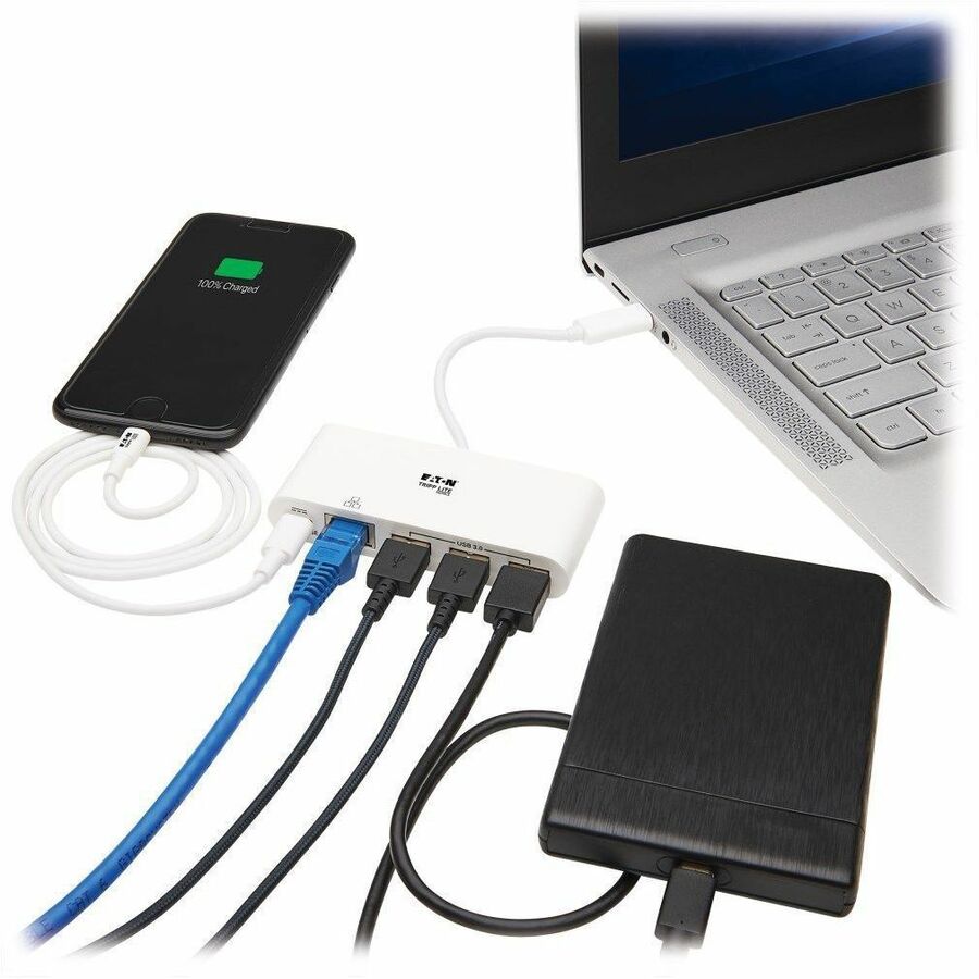 Tripp Lite by Eaton 3-Port USB 3.2 Gen 1 Hub with LAN Port and Power Delivery USB-C to 3x USB-A Ports and Gigabit Ethernet White - USB 3.1 Type C - External - 4 USB Port(s) - 1 Network (RJ-45) Port(s) - 3 USB 3.0 Port(s) - PC, Chrome OS, Mac