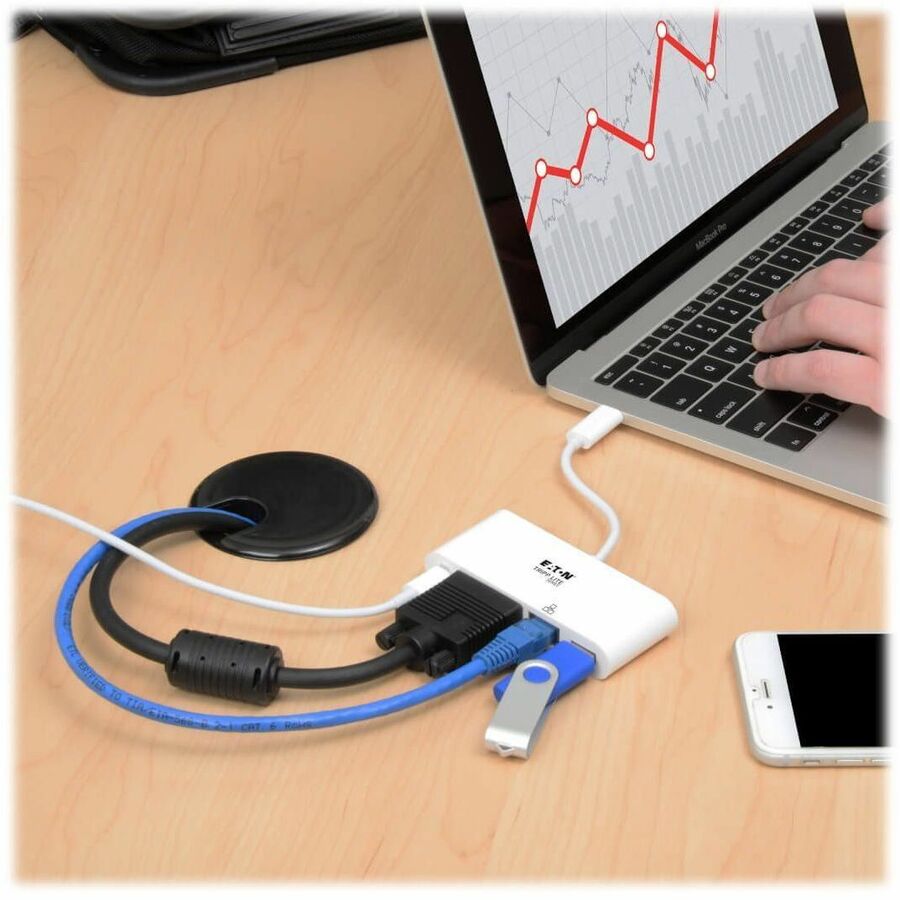 Tripp Lite by Eaton USB-C Multiport Adapter VGA USB 3.x (5Gbps) Hub Port Gigabit Ethernet and 60W PD Charging White - for Notebook/Tablet PC - 2 x USB Ports - 2 x USB 3.0 - Network (RJ-45) - VGA - Wired - 6