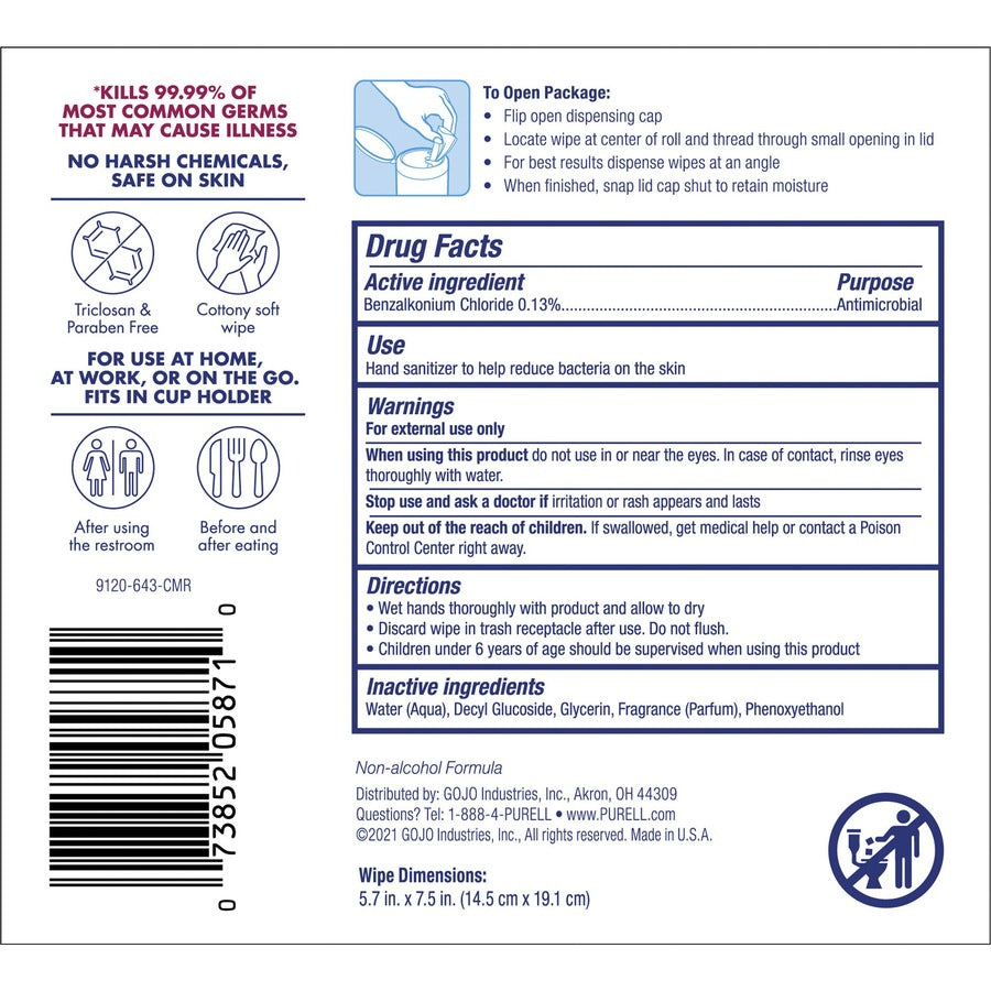 purell-clean-scent-hand-sanitizing-wipes-clean-white-durable-alcohol-free-for-hand-multi-surface-40-per-canister-6-carton_goj912006cmrct - 6