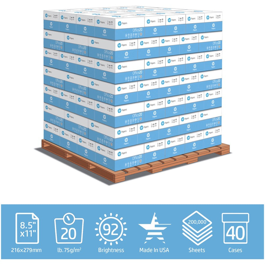 HP Office20 Paper - White - 92 Brightness - Letter - 8 1/2" x 11" - 20 lb Basis Weight - 200000 / Pallet - FSC - Smear Resistant, Quick Drying, Acid-free - White