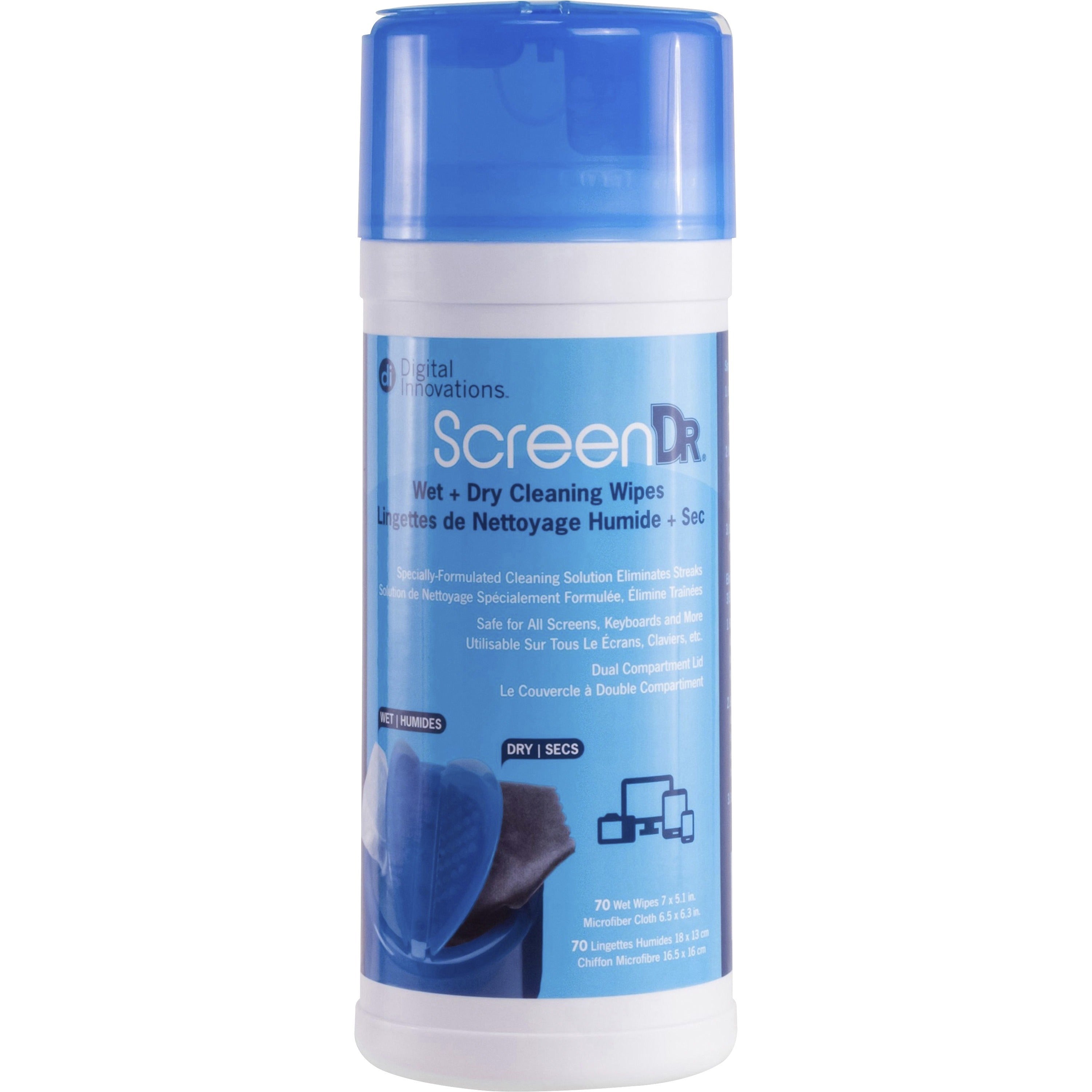 Digital Innovations ScreenDr Wet/Dry Streak-Free Wipes, 70-pack - For Electronic Equipment, Display Screen - Alcohol-free, Ammonia-free, Streak-free, Non-abrasive, Anti-static, Soft - 70 / Pack - 1 Each - White, Blue - 1