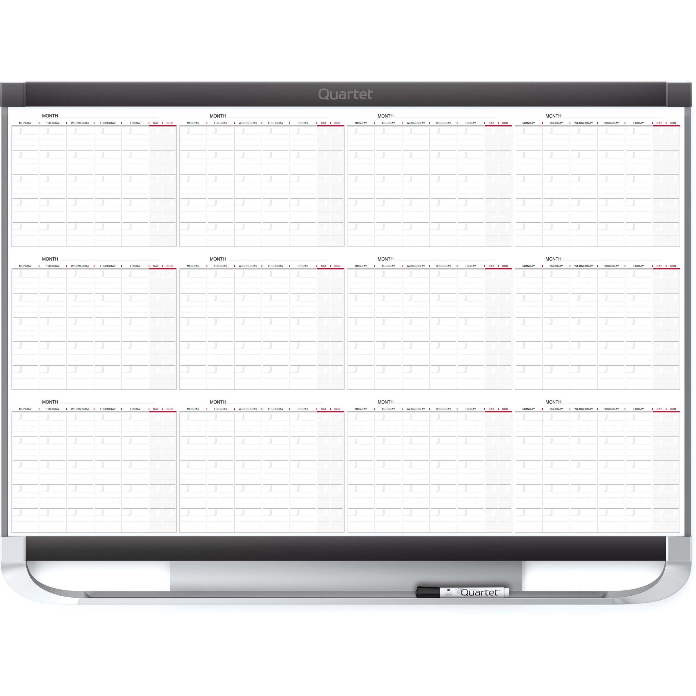Quartet Prestige 2 Magnetic Calendar Board - Monthly - 12 Month - White, Graphite - Steel - 24" Height x 36" Width - Magnetic, Ghost Resistant, Stain Resistant, Durable, Marker Tray, Mountable - 1 Each