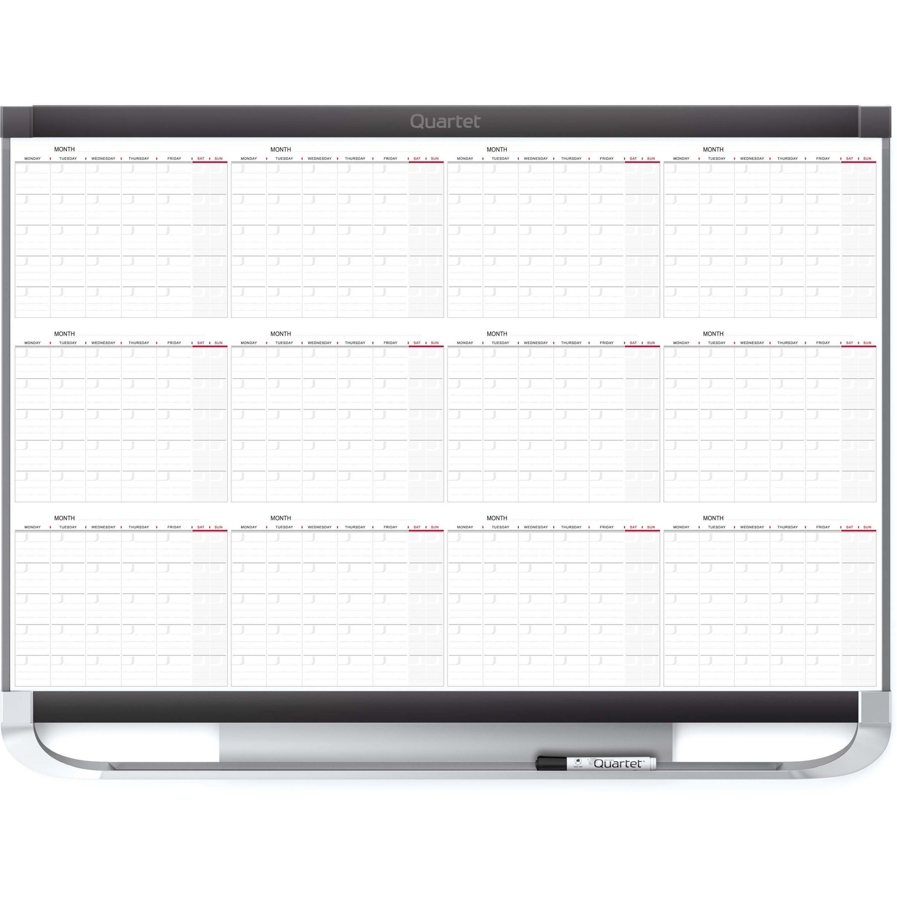 Quartet Prestige 2 Magnetic Calendar Board - Monthly - 12 Month - White, Graphite - Steel - 24" Height x 36" Width - Magnetic, Ghost Resistant, Stain Resistant, Durable, Marker Tray, Mountable - 1 Each
