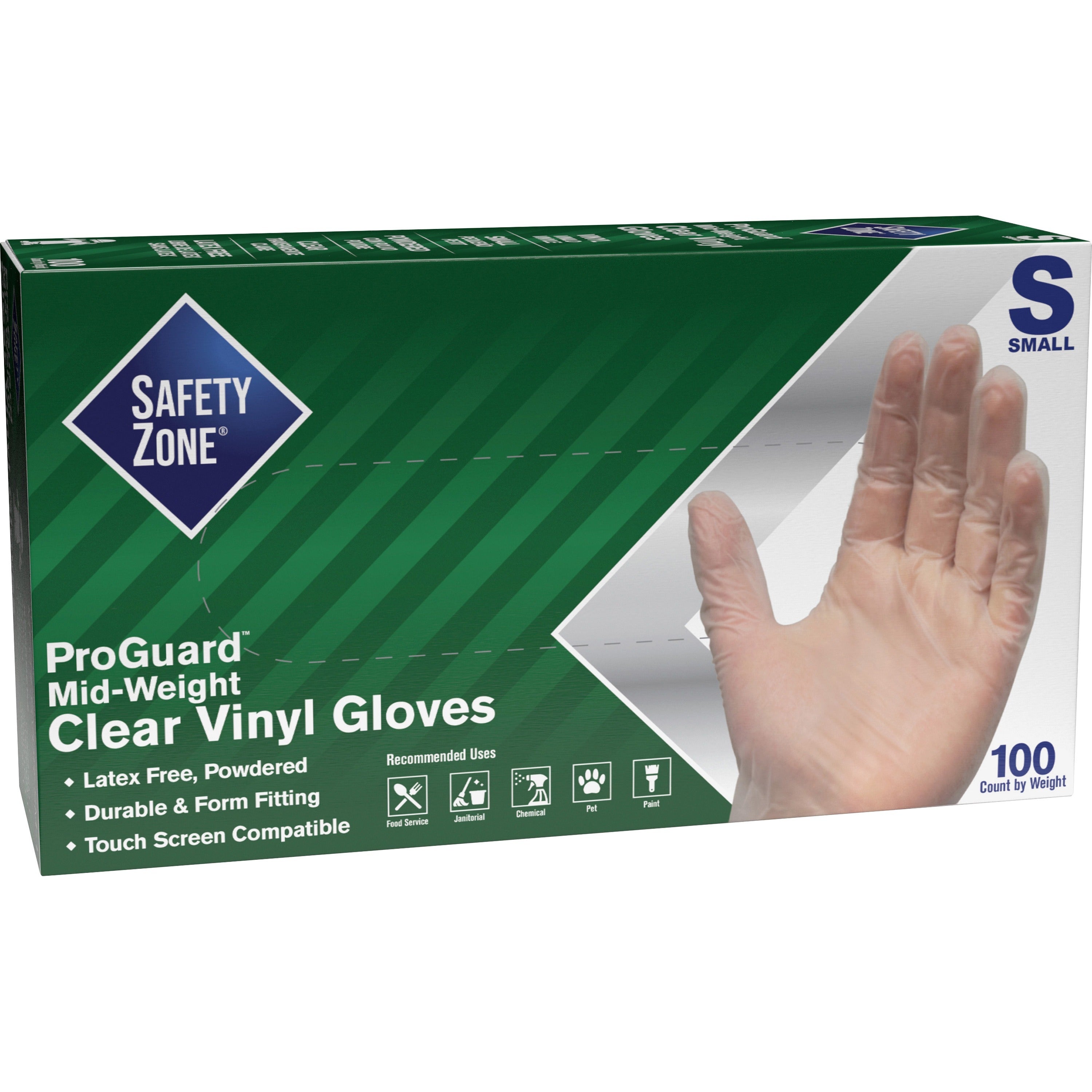 Safety Zone Powdered Clear Vinyl Gloves - Small Size - Clear - Powdered, Latex-free, Comfortable, Allergen-free, Silicone-free, DINP-free, DEHP-free - For General Purpose, Cleaning, Food, Janitorial Use, Cosmetics, Painting, Pet Care - 9.25" Glove Le