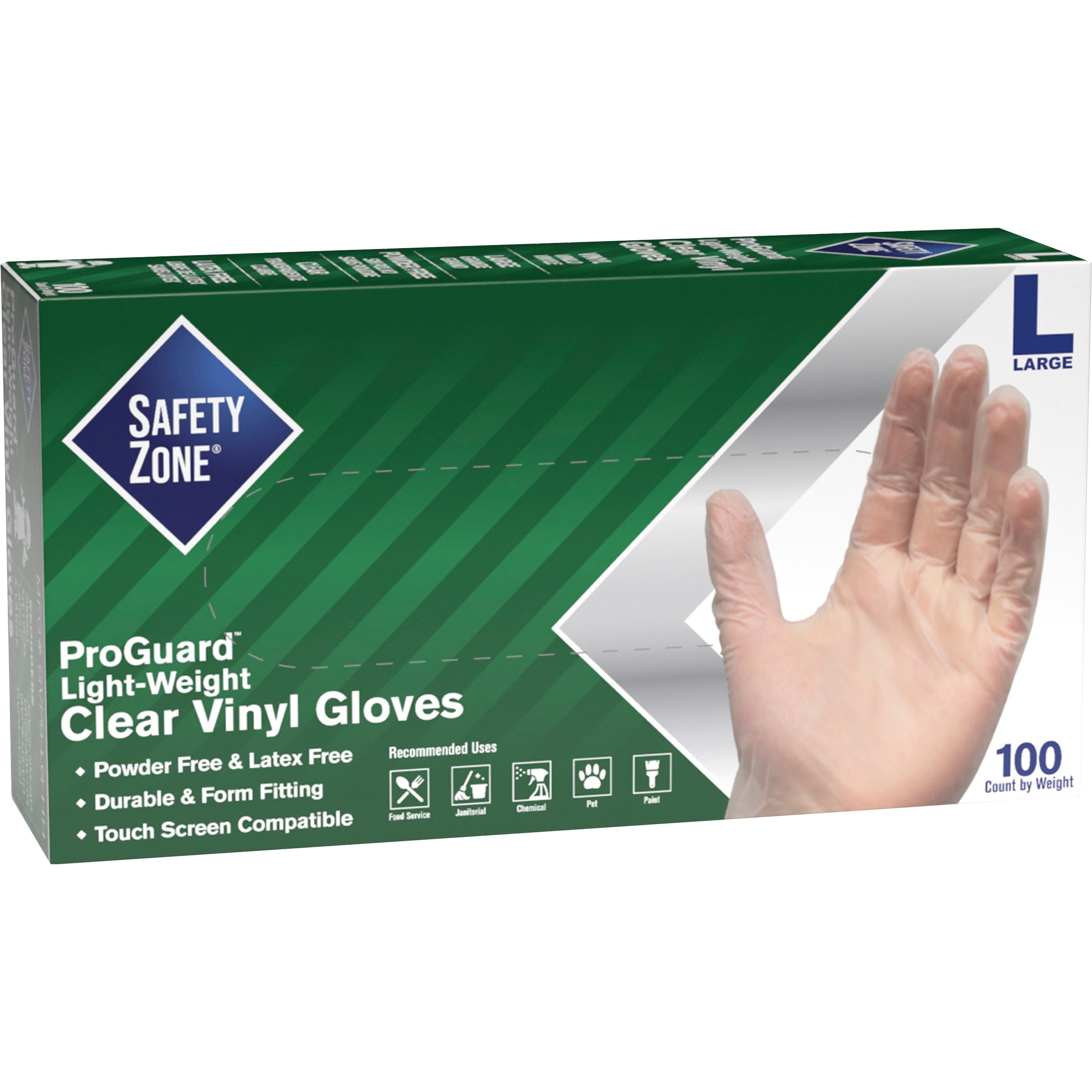 Safety Zone Powder Free Clear Vinyl Gloves - Large Size - Clear - Latex-free, DEHP-free, DINP-free, PFAS-free, Comfortable, Silicone-free - For Janitorial Use, Cosmetics, Painting, Cleaning, General Purpose, Pet Care - 100 / Box - 9.25" Glove Length