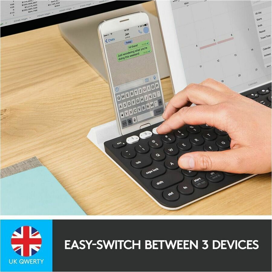 Logitech K780 Multi-Device Wireless Keyboard - Wireless Connectivity - Bluetooth - 33 ft - 2.40 GHz - USB Interface Home, Search, Back, App Switch, Easy-Switch, On/Off Switch Hot Key(s) - ChromeOS - English, French - QWERTY Layout - Tablet, Computer