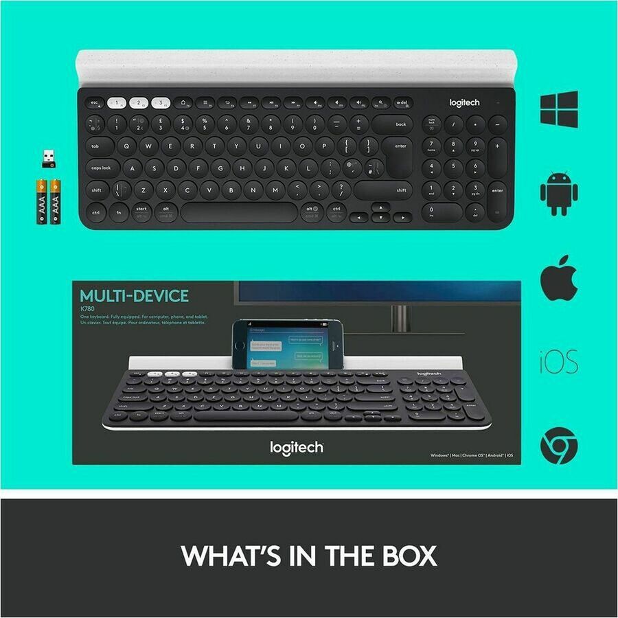Logitech K780 Multi-Device Wireless Keyboard - Wireless Connectivity - Bluetooth - 33 ft - 2.40 GHz - USB Interface Home, Search, Back, App Switch, Easy-Switch, On/Off Switch Hot Key(s) - ChromeOS - English, French - QWERTY Layout - Tablet, Computer