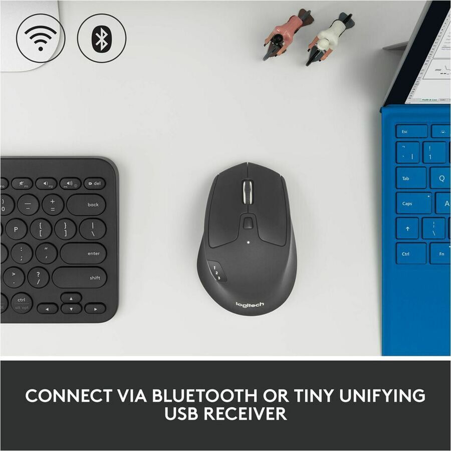 Logitech M720 Triathlon Multi-Device Wireless Mouse, Bluetooth, USB Unifying Receiver, 1000 DPI, 8 Buttons, 2-Year Battery, Compatible with Laptop, PC, Mac, iPadOS - Black - Optical - Wireless - Bluetooth/Radio Frequency - 2.40 GHz - Black - 1 Pack -
