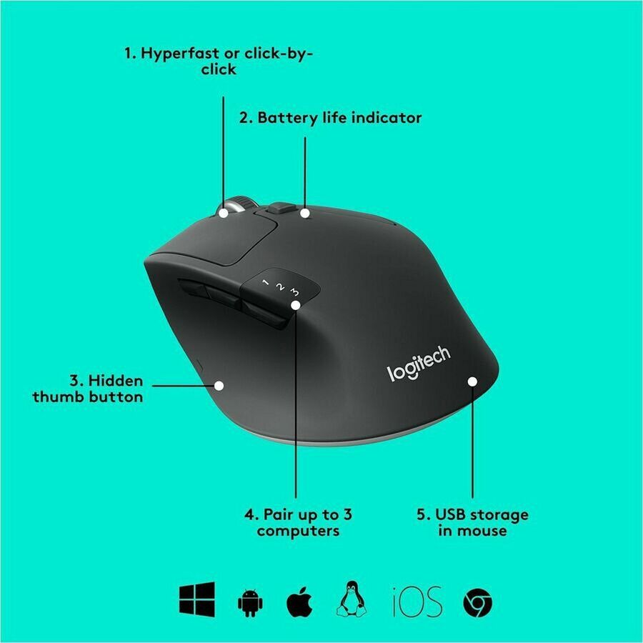 Logitech M720 Triathlon Multi-Device Wireless Mouse, Bluetooth, USB Unifying Receiver, 1000 DPI, 8 Buttons, 2-Year Battery, Compatible with Laptop, PC, Mac, iPadOS - Black - Optical - Wireless - Bluetooth/Radio Frequency - 2.40 GHz - Black - 1 Pack -