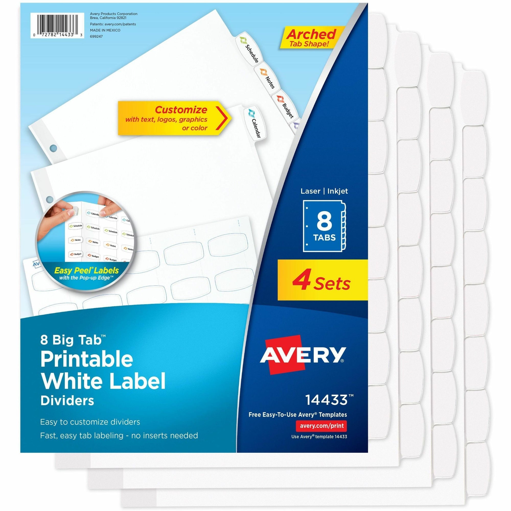 Big Tab Printable White Label Tab Dividers, 8-Tab, 11 x 8.5, White, 4 Sets