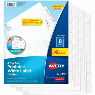 Big Tab Printable White Label Tab Dividers, 8-Tab, 11 x 8.5, White, 4 Sets