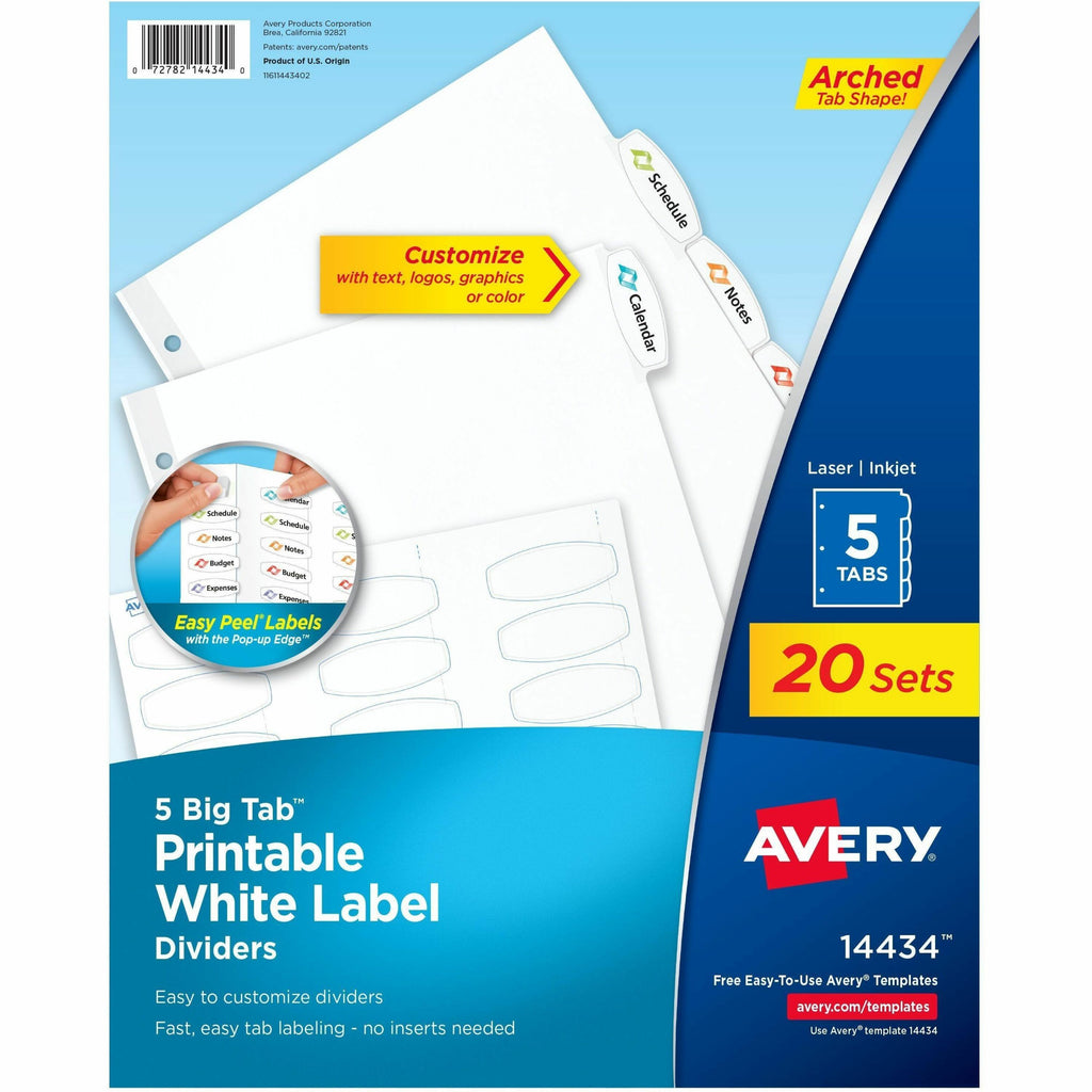 Big Tab Printable White Label Tab Dividers, 5-Tab, 11 x 8.5, White, 20 Sets