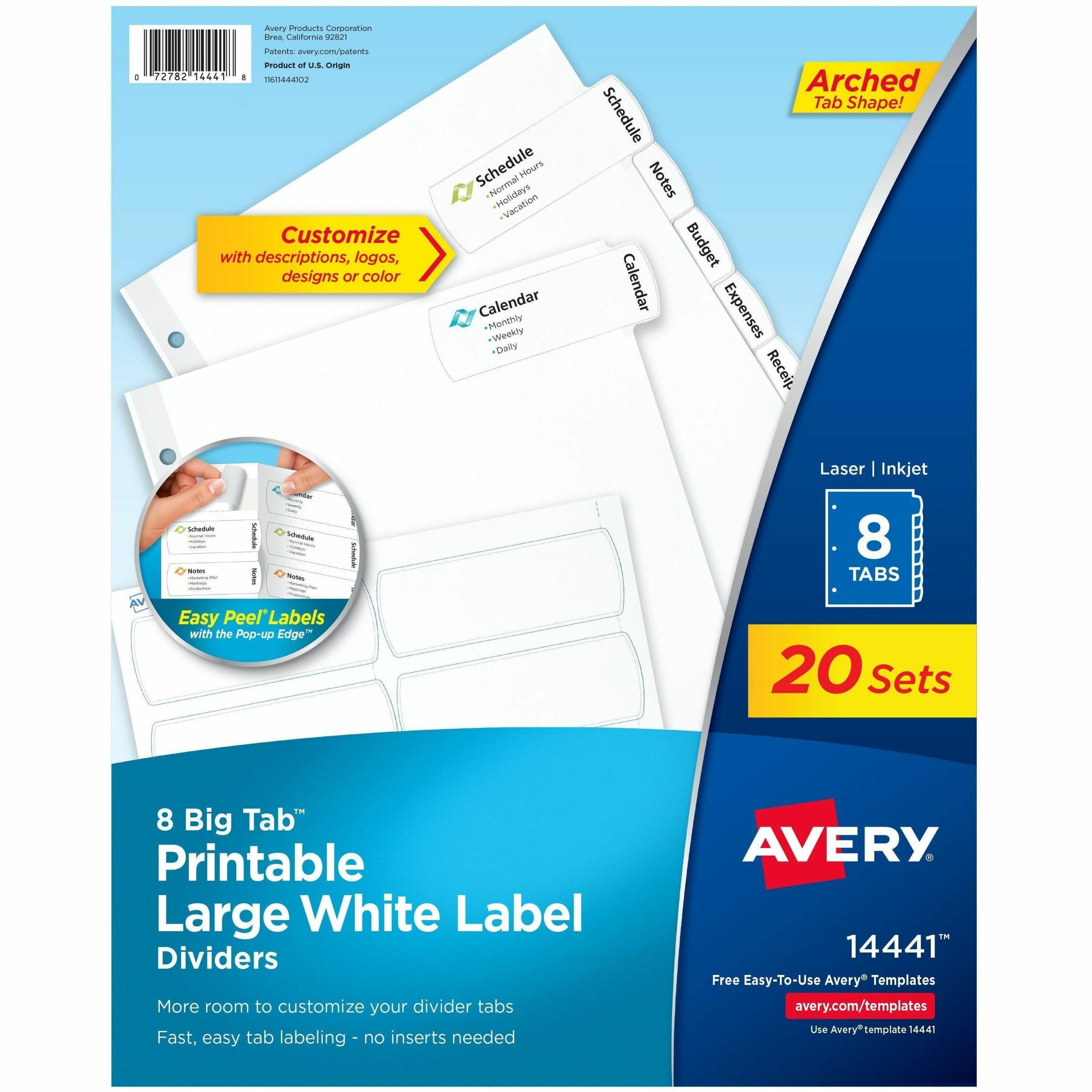 Big Tab Printable Large White Label Tab Dividers, 8-Tab, 11 x 8.5, White, 20 Sets