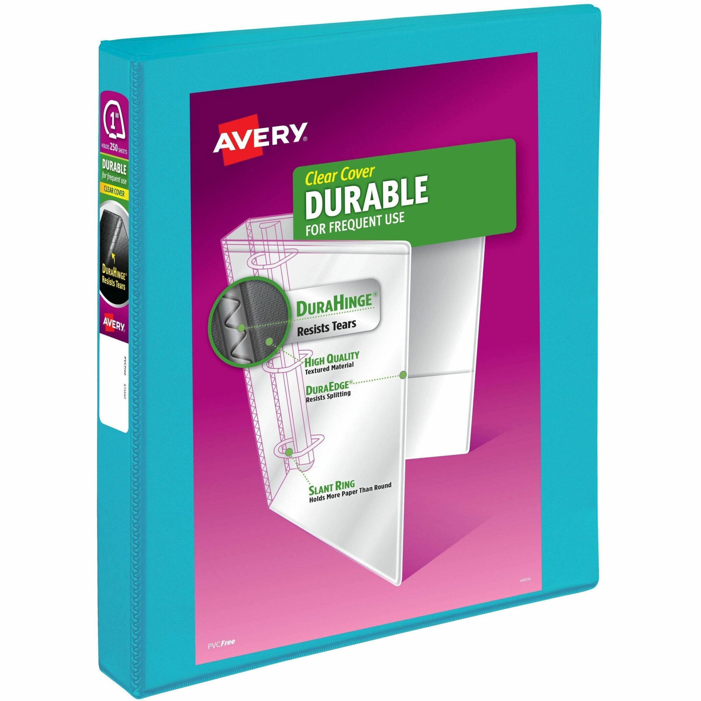 Durable View Binder with DuraHinge and Slant Rings, 3 Rings, 1" Capacity, 11 x 8.5, Aqua