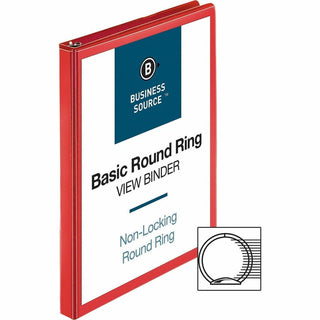 Business Source Round Ring Binder - 1/2" Binder Capacity - Round Ring Fastener(s) - 2 Internal Pocket(s) - Red - Clear Overlay, Labeling Area - 1 Each