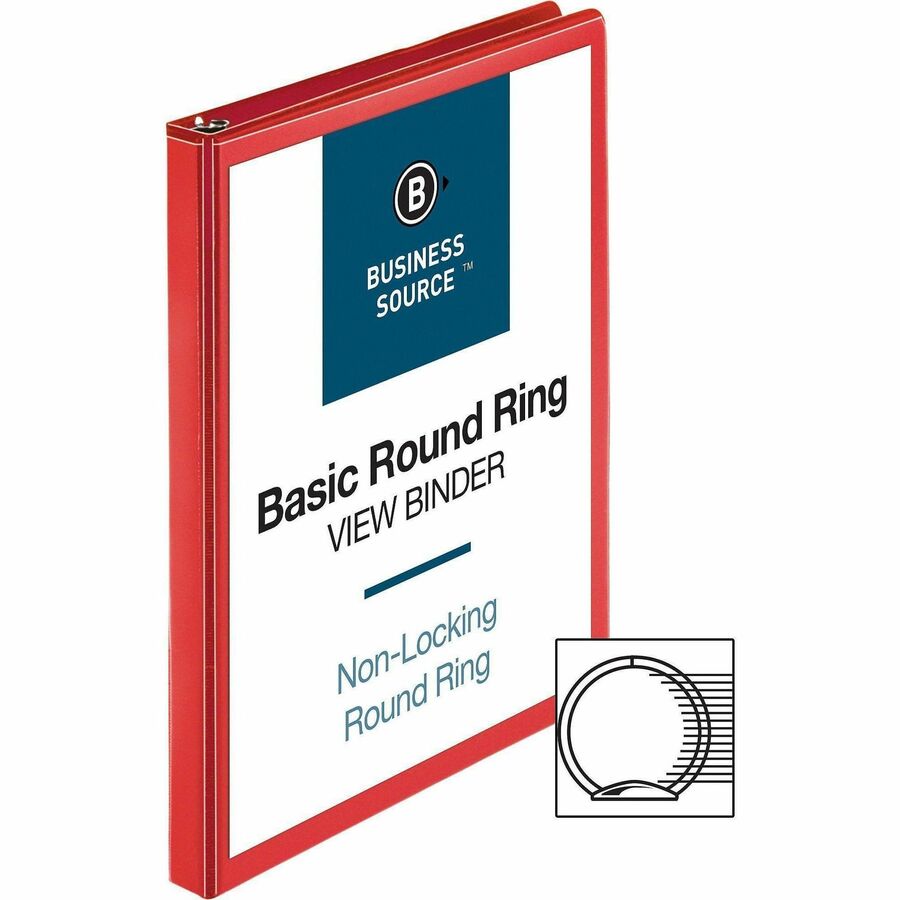 Business Source Round Ring Binder - 1/2" Binder Capacity - Round Ring Fastener(s) - 2 Internal Pocket(s) - Red - Clear Overlay, Labeling Area - 1 Each