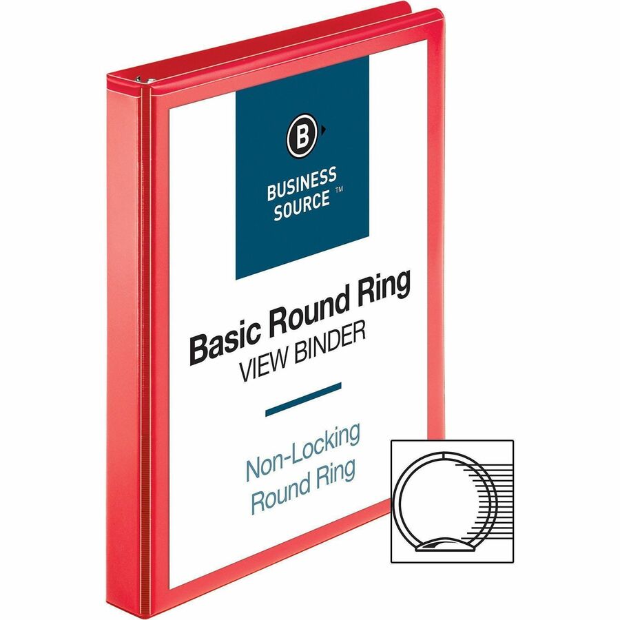 Business Source Round Ring Binder - 1" Binder Capacity - Round Ring Fastener(s) - 2 Internal Pocket(s) - Red - Clear Overlay, Labeling Area - 1 Each