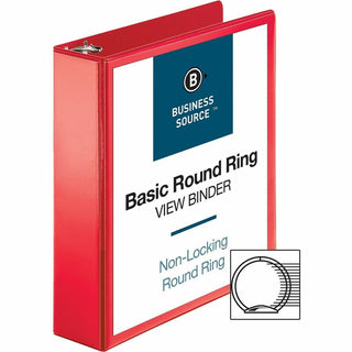 Business Source Round Ring Binder - 2" Binder Capacity - Round Ring Fastener(s) - 2 Internal Pocket(s) - Red - Clear Overlay, Labeling Area - 1 Each
