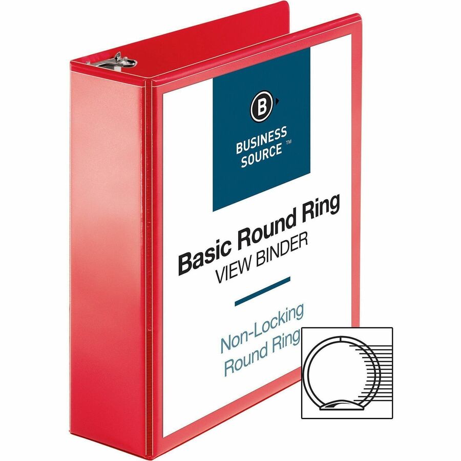 Business Source Round Ring Binder - 3" Binder Capacity - Round Ring Fastener(s) - 2 Internal Pocket(s) - Red - Clear Overlay, Labeling Area - 1 Each