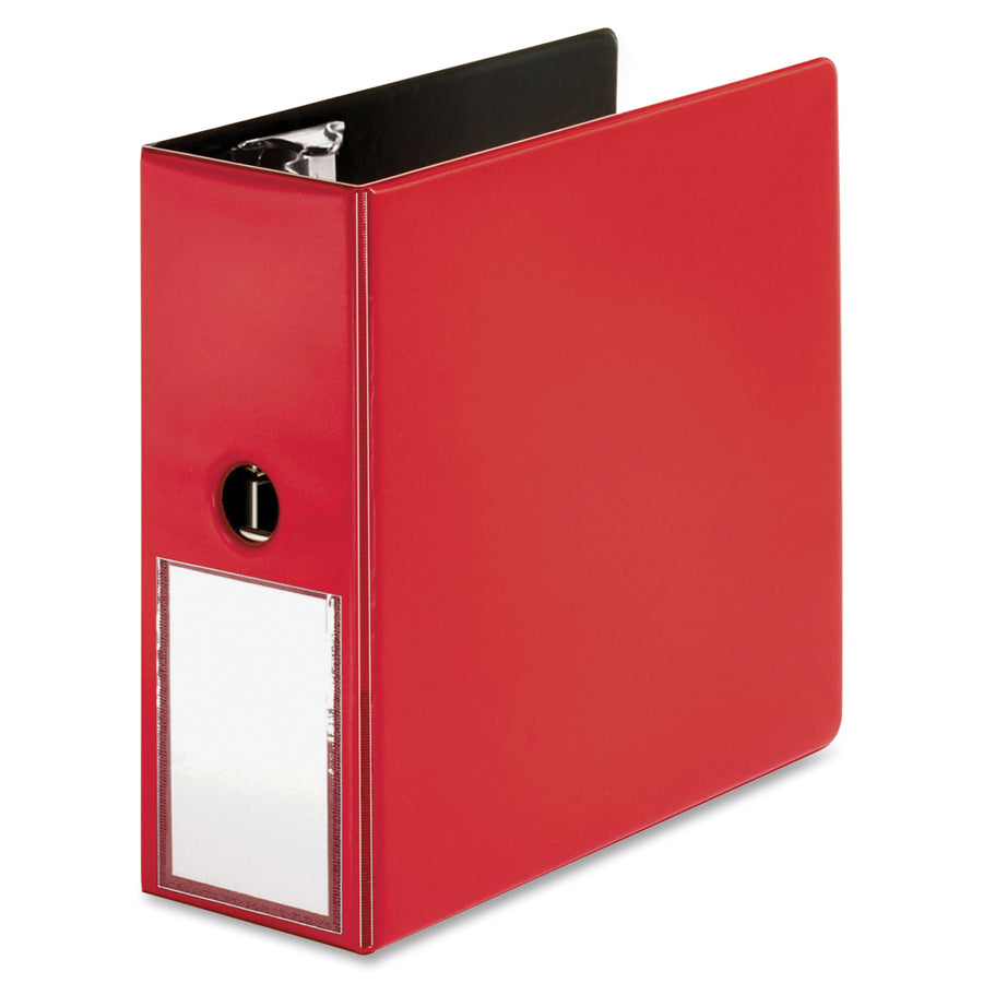 business-source-5-d-ring-binder-5-binder-capacity-1050-sheet-capacity-slant-d-ring-fasteners-internal-pockets-red-transparent-lay-flat-label-holder-spine-1-each_bsn33124 - 3