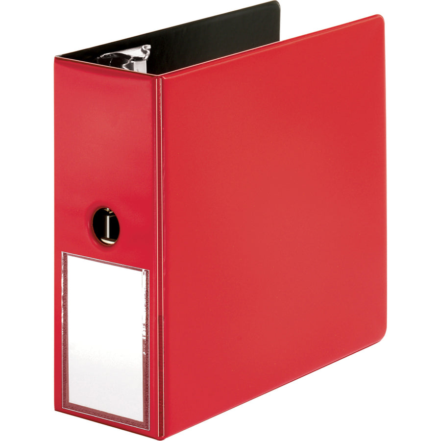 business-source-5-d-ring-binder-5-binder-capacity-1050-sheet-capacity-slant-d-ring-fasteners-internal-pockets-red-transparent-lay-flat-label-holder-spine-1-each_bsn33124 - 5