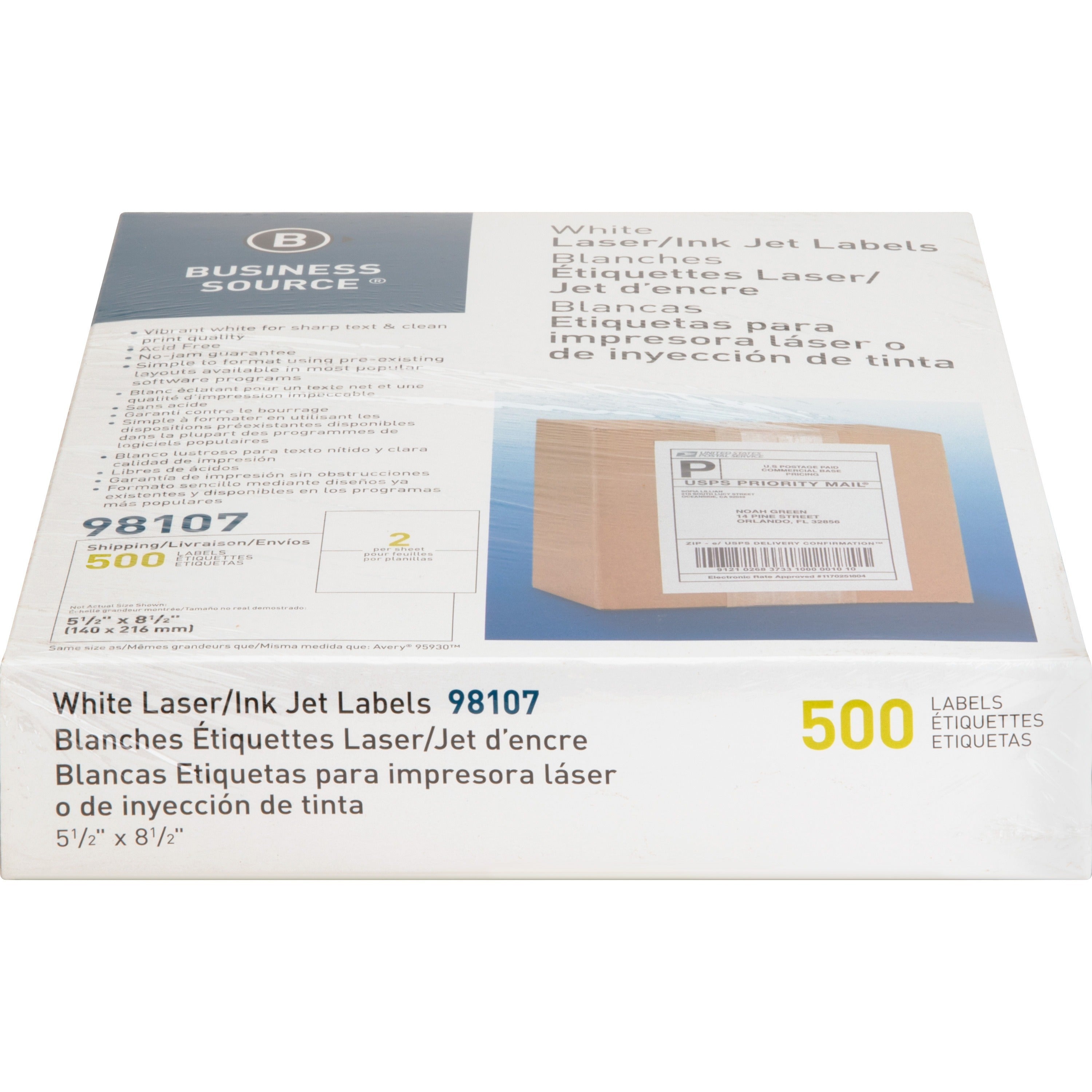 Business Source Bright White Premium-quality Internet Shipping Labels - 5 1/2" Width x 8 1/2" Length - Permanent Adhesive - Rectangle - Laser, Inkjet - Bright White - 2 / Sheet - 250 Total Sheets - 500 / Box - 4