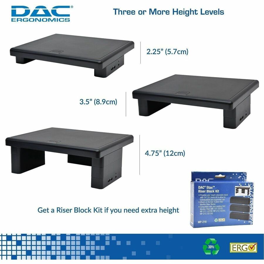 DAC Stax Ergonomic Height Adjustable Monitor Stand with 2 USB Ports - 66 lb Load Capacity - 4.8" Height x 13" Width x 10.5" Depth - Black
