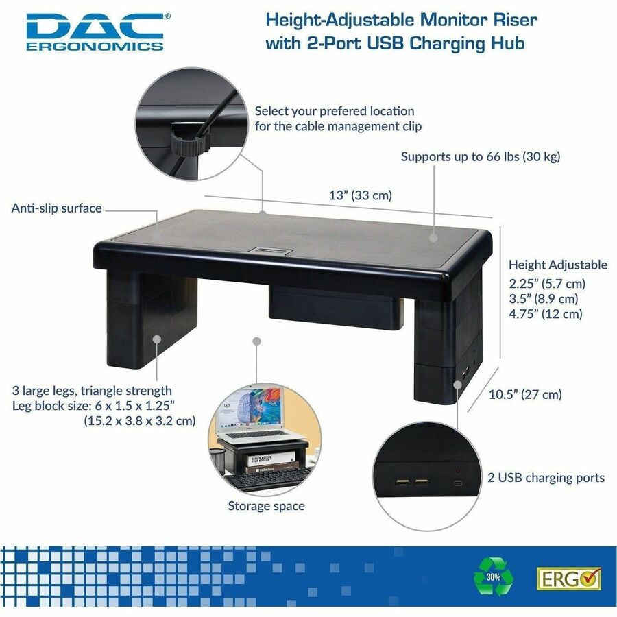 DAC Stax Ergonomic Height Adjustable Monitor Stand with 2 USB Ports - 66 lb Load Capacity - 4.8" Height x 13" Width x 10.5" Depth - Black