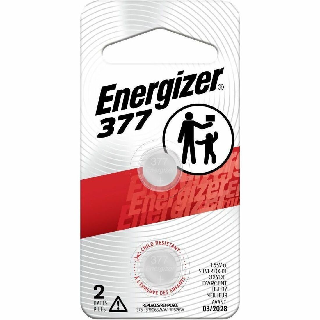 Energizer 377 Silver Oxide Button Battery, 2 Pack - For Multipurpose - SR66 - 1.6 V DC - 24 mAh - Silver Oxide - 2 / Pack