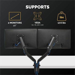 Platinum Series Dual Monitor Arm for 27" Monitors, 360 deg Rotation, +85 deg/-20 deg Tilt, 360 deg Pan, Black, Supports 20 lb