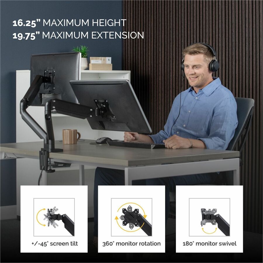 Platinum Series Dual Monitor Arm for 27" Monitors, 360 deg Rotation, +85 deg/-20 deg Tilt, 360 deg Pan, Black, Supports 20 lb