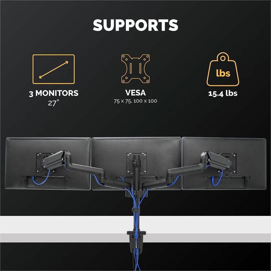 Platinum Series Triple Monitor Arm for 27" Monitors, 360 deg Rotation, +85/-20 deg Tilt, 360 deg Pan, Black, Supports 20 lb