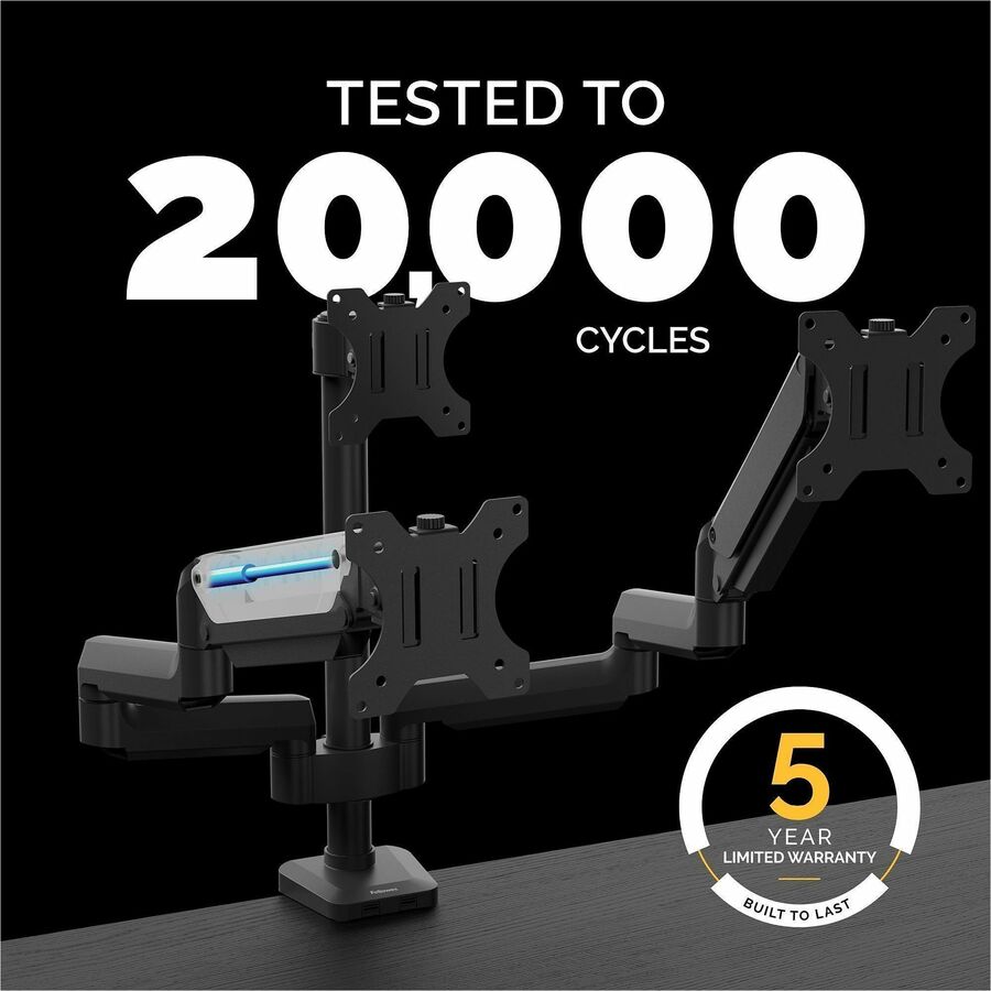 Platinum Series Triple Monitor Arm for 27" Monitors, 360 deg Rotation, +85/-20 deg Tilt, 360 deg Pan, Black, Supports 20 lb