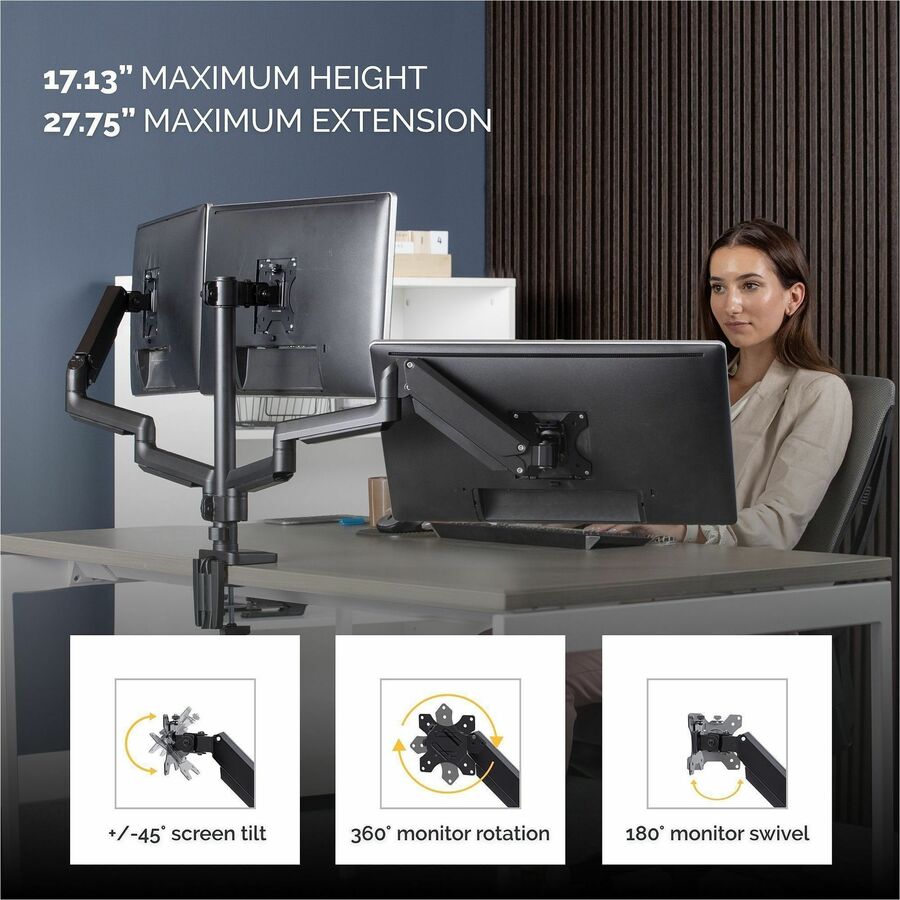 Platinum Series Triple Monitor Arm for 27" Monitors, 360 deg Rotation, +85/-20 deg Tilt, 360 deg Pan, Black, Supports 20 lb