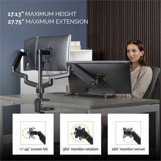 Platinum Series Triple Monitor Arm for 27" Monitors, 360 deg Rotation, +85/-20 deg Tilt, 360 deg Pan, Black, Supports 20 lb