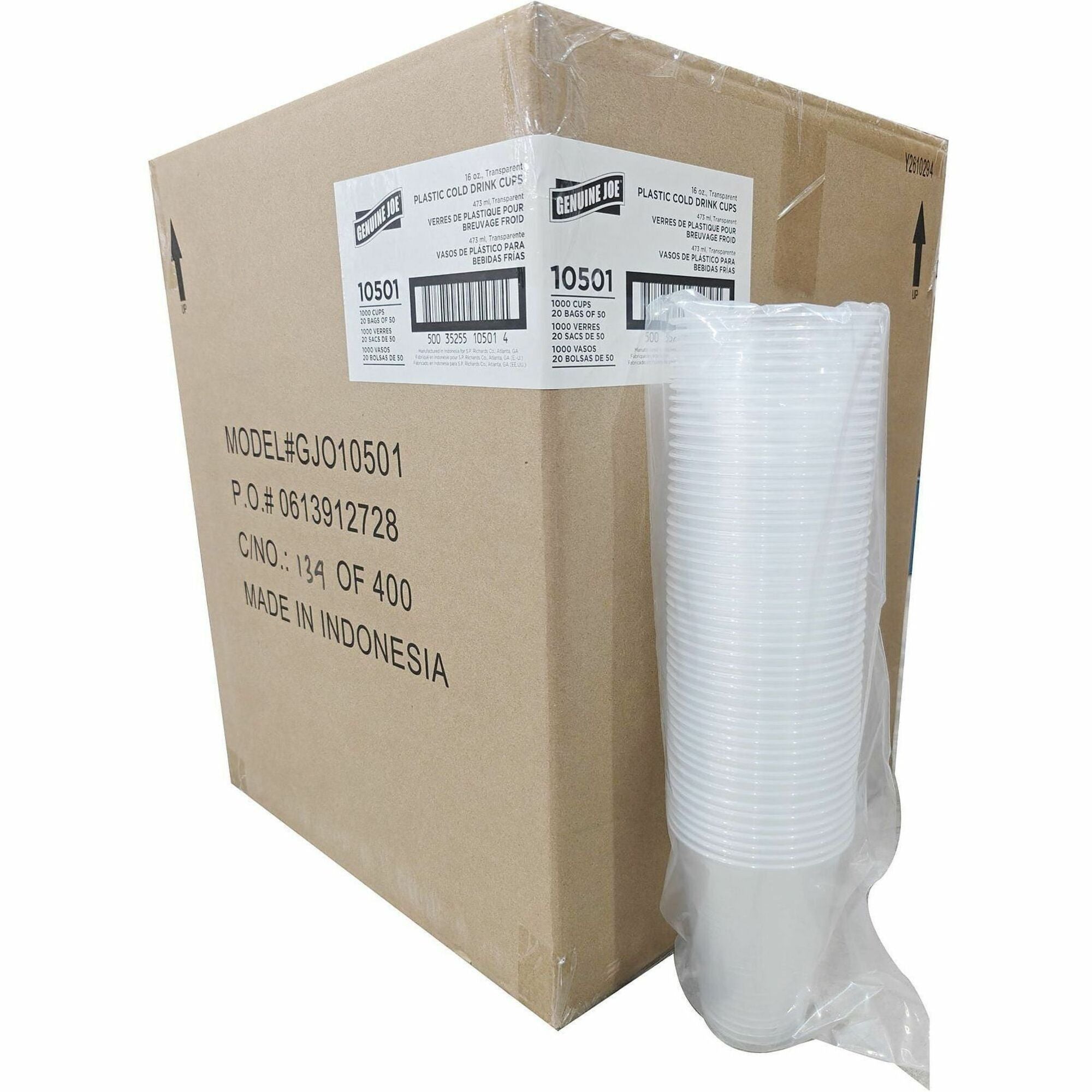 Genuine Joe 16 oz Transparent Beverage Cups - 50 / Bag - 20 / Carton - Clear - Plastic - Beverage