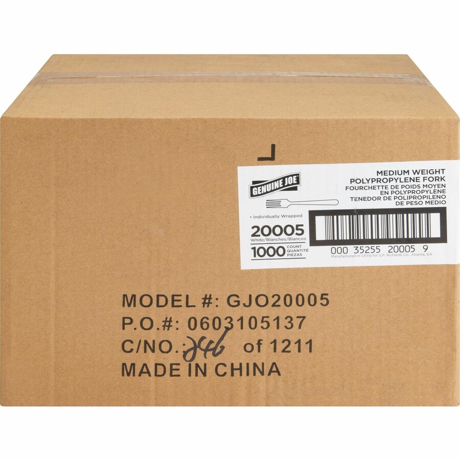 Genuine Joe Individually Wrapped Fork - 1 Piece(s) - 1000/Carton - Fork - 1 x Fork - Disposable - White