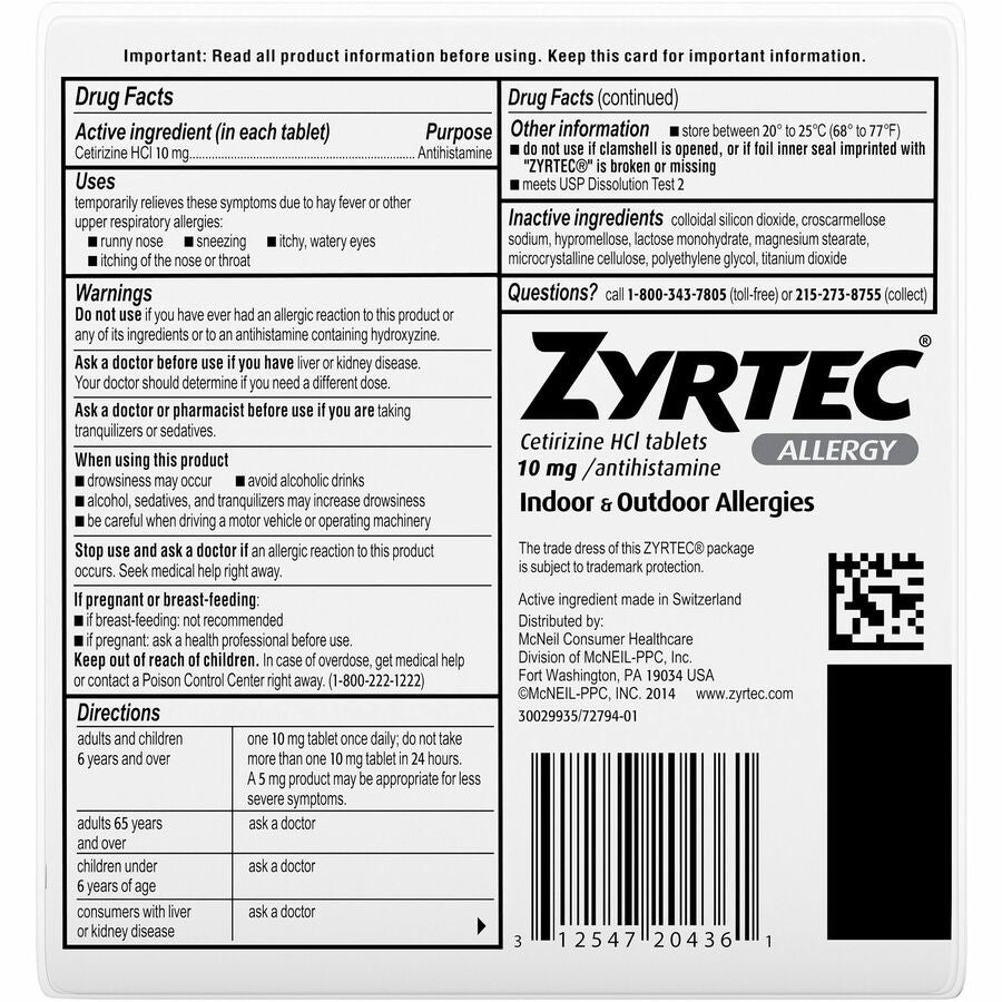 Zyrtec Allergy Tablets - For Runny Nose, Sneezing, Itchy Throat - 30 / Box