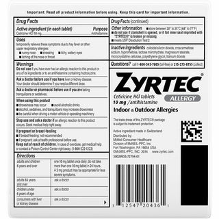 Zyrtec Allergy Tablets - For Runny Nose, Sneezing, Itchy Throat - 30 / Box