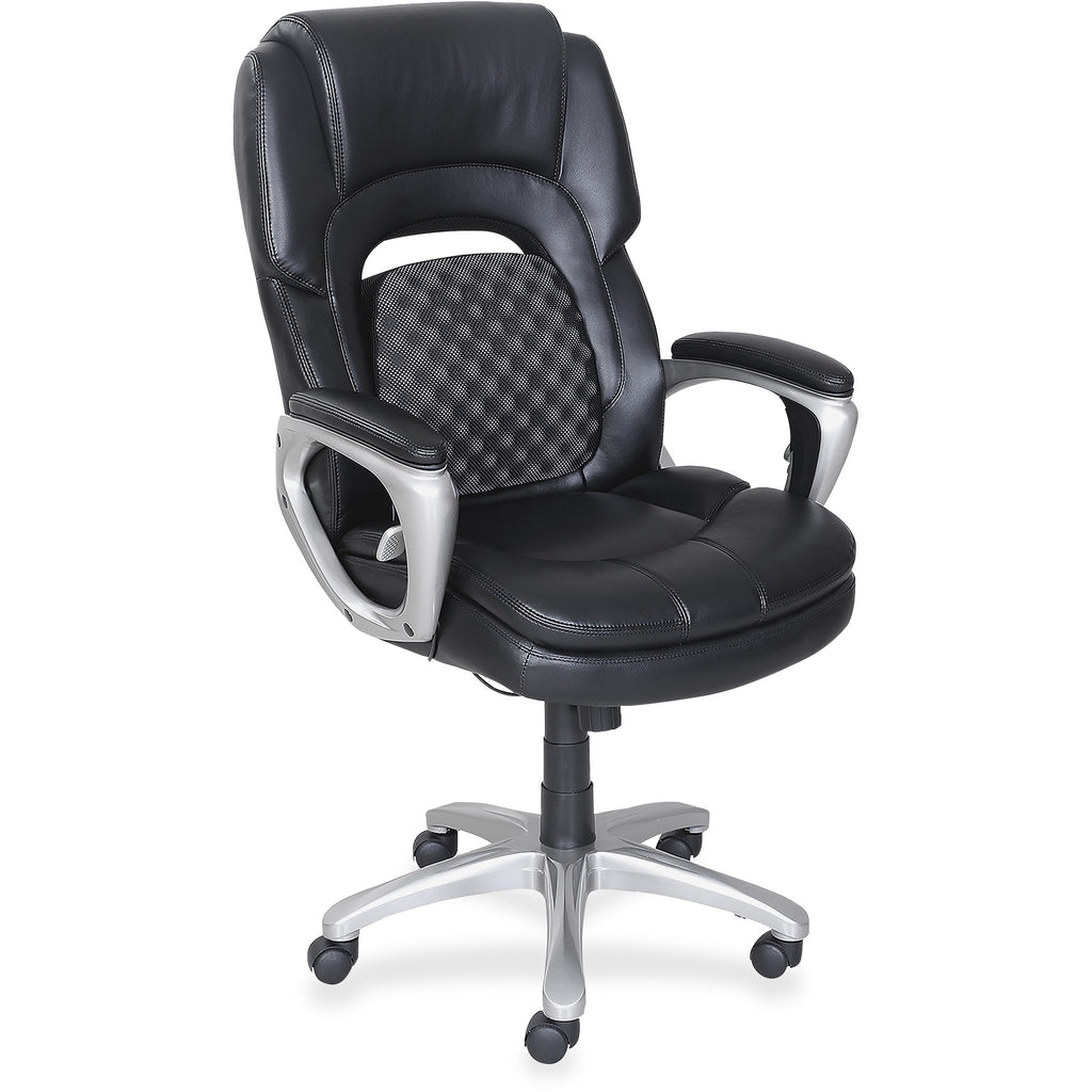 Lorell Wellness by Design Accucel Executive Office Chair - Black Bonded Leather Seat - Black Ethylene Vinyl Acetate (EVA), Bonded Leather Back - High Back - 5-star Base - 1 Each