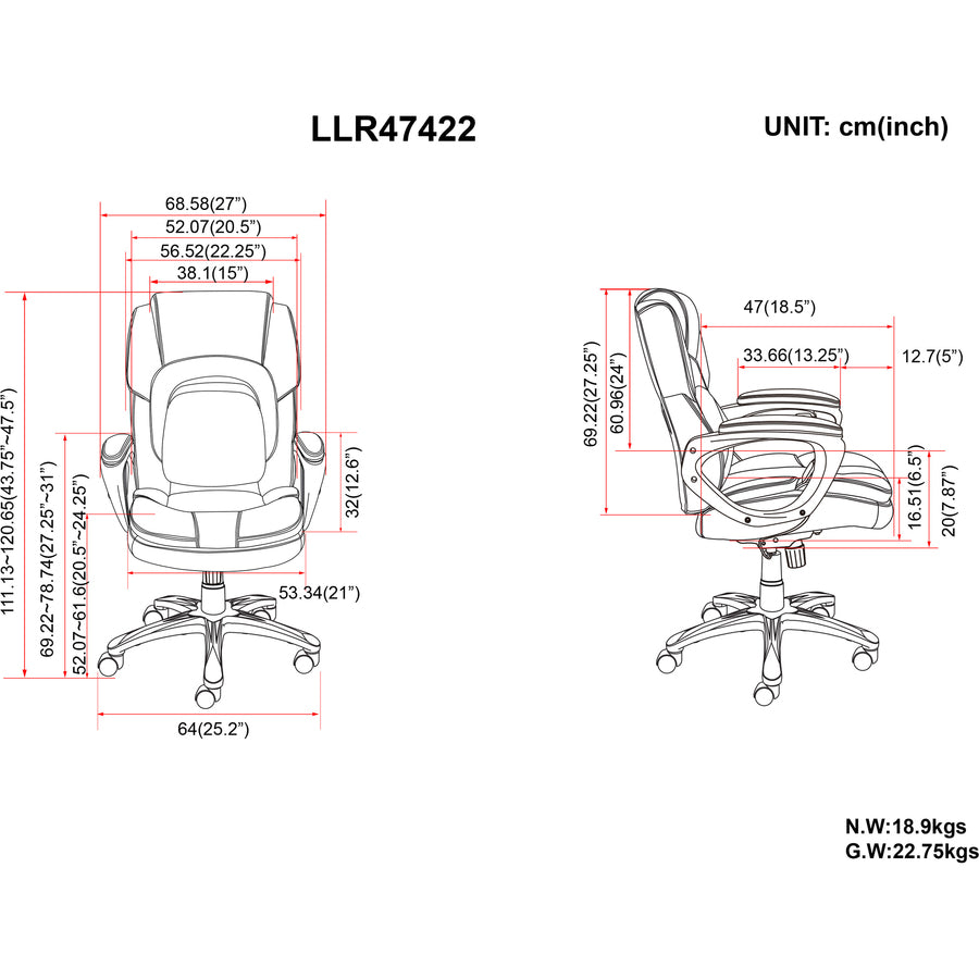 lorell-wellness-by-design-accucel-executive-office-chair-black-bonded-leather-seat-black-ethylene-vinyl-acetate-eva-bonded-leather-back-high-back-5-star-base-1-each_llr47422 - 4