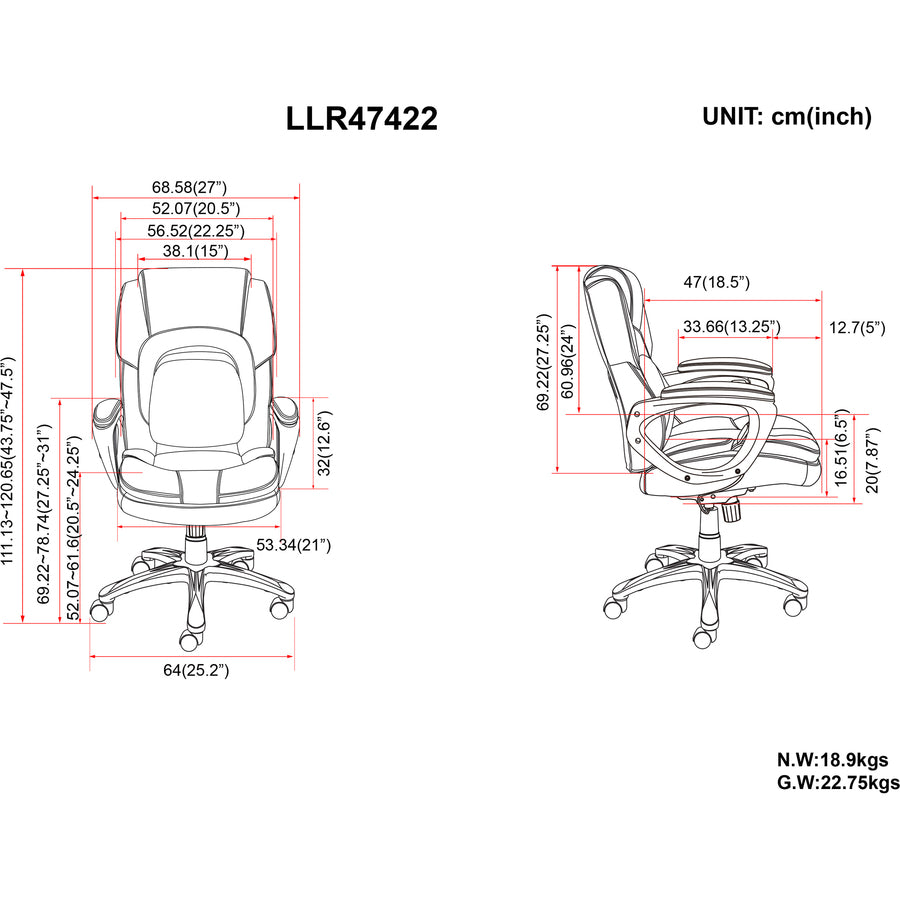 Lorell Wellness by Design Accucel Executive Office Chair - Black Bonded Leather Seat - Black Ethylene Vinyl Acetate (EVA), Bonded Leather Back - High Back - 5-star Base - 1 Each