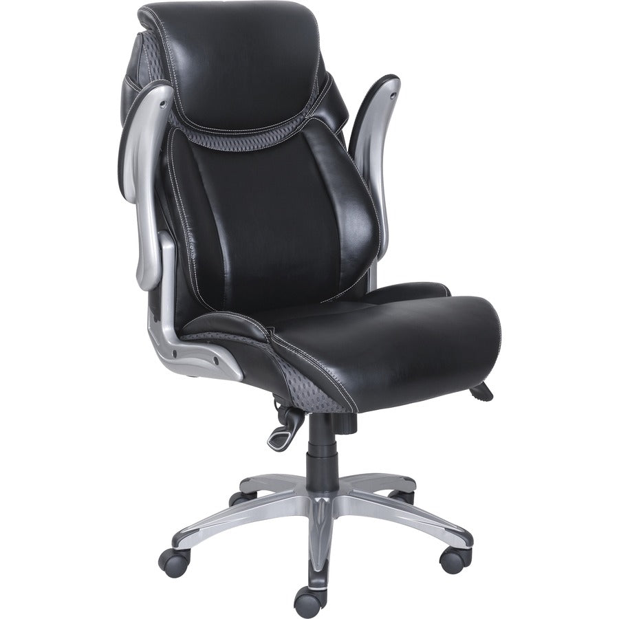 Lorell Wellness by Design Mesh Executive Office Chair - Black Bonded Leather Seat - Black Bonded Leather Back - High Back - 5-star Base - Armrest - 1 Each