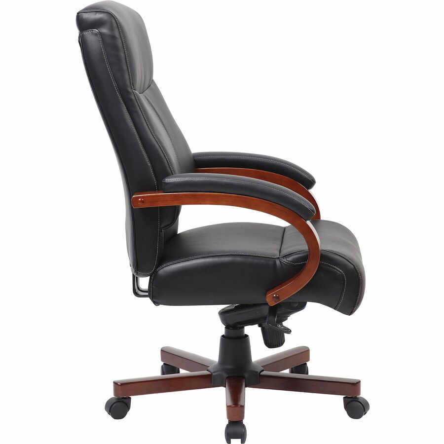 Lorell Executive High-Back Wood Finish Office Chair - Black Leather Seat - Black Leather Back - High Back - 1 Each