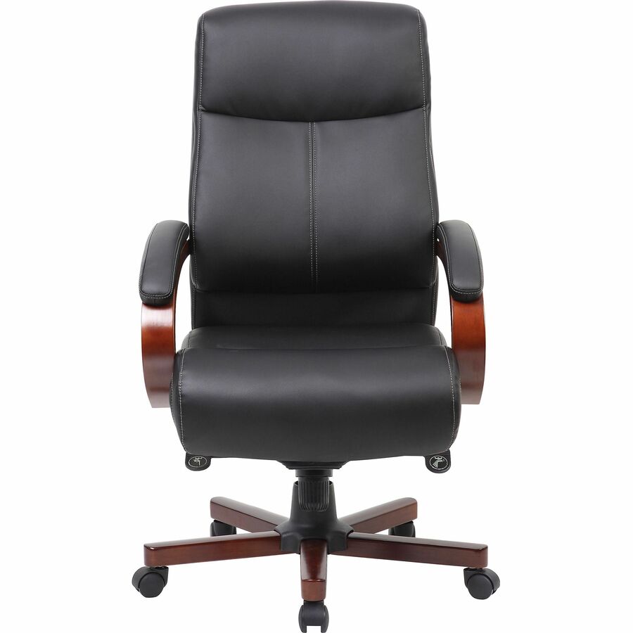 Lorell Executive High-Back Wood Finish Office Chair - Black Leather Seat - Black Leather Back - High Back - 1 Each