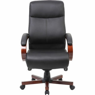 Lorell Executive High-Back Wood Finish Office Chair - Black Leather Seat - Black Leather Back - High Back - 1 Each