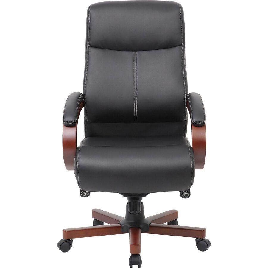 Lorell Executive High-Back Wood Finish Office Chair - Black Bonded Leather Seat - Black Bonded Leather Back - High Back - Black, Mahogany - 1 Each