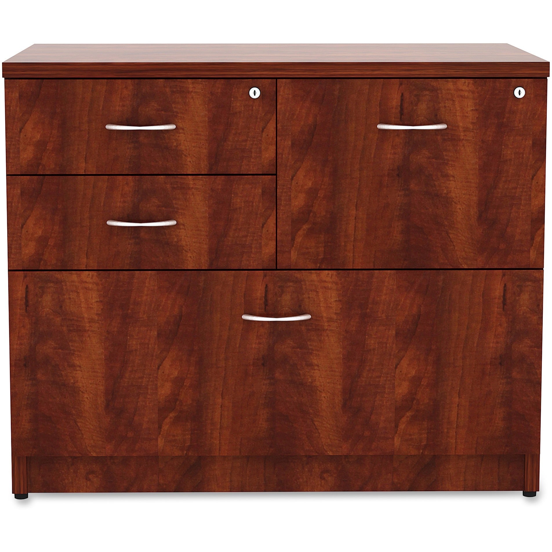 lorell-essentials-series-box-box-file-lateral-file-1-side-panel-01-edge-355-x-22295-lateral-file-4-x-box-file-drawers-cherry-laminate-table-top-versatile-ball-bearing-glide-drawer-extension-security-lock-durable-adjustable-l_llr69540 - 2